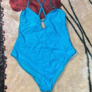 Turquoise Blue One Piece Swimsuit with Plunging Neckline and Cross Back